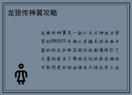 龙狼传神翼攻略