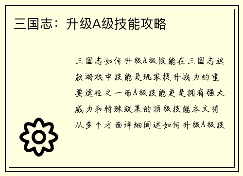 三国志：升级A级技能攻略