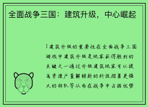 全面战争三国：建筑升级，中心崛起