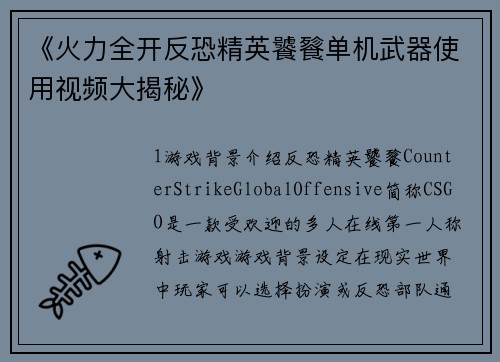 《火力全开反恐精英饕餮单机武器使用视频大揭秘》