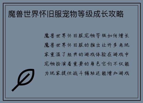 魔兽世界怀旧服宠物等级成长攻略
